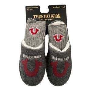 True Religion Gray and Red Men's Slipper & Sock Set Size 9-10